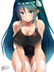 Rule 34 | 1girl, absurdres, alternate costume, aqua eyes, aqua hair, blue hair, blush, breasts, competition swimsuit, eureka (eureka-0075), gradient hair, hair between eyes, hair ribbon, highres, isuzu (kancolle), kantai collection, large breasts, long hair, looking at viewer, multicolored hair, one-piece swimsuit, open mouth, ribbon, simple background, solo, swimsuit, thighhighs, twintails, white background, white thighhighs