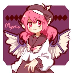 Rule 34 | 1girl, adapted costume, beret, bird wings, character name, harrymiao, hat, mystia lorelei, pink eyes, pink hair, shirt, simple background, skirt, smile, solo, touhou, wings