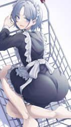 Rule 34 | 1girl, absurdres, alternate costume, apron, asakura toru, ass, bare legs, barefoot, black dress, dress, enmaided, frilled apron, frilled dress, frills, from behind, highres, idolmaster, idolmaster shiny colors, in cart, long sleeves, looking at viewer, looking back, maid, maid apron, maid headdress, parted bangs, shopping cart, simple background, solo, tokufumi, white apron