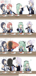 Rule 34 | 4girls, 4koma, ?, ??, ^^^, anger vein, arms behind back, artist name, black serafuku, blue hair, blue neckerchief, braid, braided ponytail, breath weapon, breathing fire, burnt, comic, commentary request, cup, curry, curry rice, detached sleeves, drinking, eating, elbow gloves, fire, flailing, food, glass, gloves, green hair, hair flaps, hair over shoulder, hairband, highres, holding, holding cup, holding plate, holding spoon, indoors, kantai collection, kawakaze (kancolle), long hair, mole, mole under eye, multiple girls, neckerchief, outstretched arms, plate, pointing, red hair, rice, school uniform, serafuku, shanghmely, sidelocks, silent comic, silver hair, sitting, spoon, suzukaze (kancolle), sweatdrop, table, tearing up, twintails, umikaze (kancolle), white serafuku, yamakaze (kancolle)