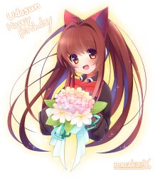 Rule 34 | 1girl, aloe (quiz magic academy), animal ears, artist name, black shirt, black sleeves, bouquet, bow, bowtie, brown hair, cat ears, collared shirt, commentary request, cropped torso, flower, gift art, glowing, happy birthday, holding, holding bouquet, leaf, light blush, long hair, long sleeves, looking at viewer, open mouth, orange eyes, pink flower, quiz magic academy, red bow, red bowtie, school uniform, shirt, simple background, smile, solo, sparkle, split ponytail, usamata, vignetting, white background, white flower