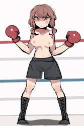 Rule 34 | 1girl, bb (pixiv13315945), boots, boxer briefs, boxing, boxing gloves, boxing ring, breasts, highres, looking at viewer, male underwear, medium breasts, nipples, original, solo, standing, topless