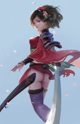 Rule 34 | 1girl, armor, ass, black hair, blue background, breasts, flower, hair flower, hair ornament, highres, japanese armor, japanese clothes, katana, kimono, momohime, no panties, oboro muramasa, petals, purple thighhighs, red eyes, sheath, short kimono, shoulder armor, sode, solo, sword, thighhighs, weapon, wide sleeves, wind, wind lift, xuetu13