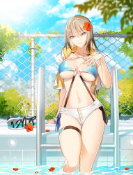 Rule 34 | 1girl, bikini, blonde hair, blue bikini, blue eyes, blue nails, breasts, breasts apart, closers, criss-cross halter, cropped jacket, flower, gradient hair, hair flower, hair ornament, halterneck, hand on own chest, hand up, harpy (closers), highres, jacket, large breasts, long hair, looking away, micro shorts, mole, mole under eye, multicolored hair, nail polish, navel, official art, open clothes, open jacket, pool, shorts, side-tie peek, smile, solo, stomach, strap gap, swimsuit, thigh gap, thigh strap, thighs, water, white jacket, white shorts