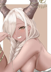 Rule 34 | 1girl, absurdres, azur lane, blonde hair, braid, breasts, brown background, brown horns, commentary request, dark-skinned female, dark skin, from side, grin, hair over one eye, highres, horn ornament, horns, large breasts, large horns, long hair, looking at viewer, looking to the side, low twin braids, mole, mole under mouth, nail polish, official alternate costume, one-piece swimsuit, owari (azur lane), owari (shimmering forsythia) (azur lane), revealing clothes, shiba shiba 06, sideboob, simple background, smile, solo, swimsuit, twin braids, two-tone background, white nails, white one-piece swimsuit, yellow eyes