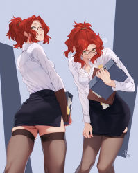 Rule 34 | 1girl, ass, black skirt, breasts, closed mouth, collared shirt, earrings, feguimel, glasses, gluteal fold, green eyes, hair ornament, hair scrunchie, highres, holding, jewelry, long sleeves, multiple views, office lady, open mouth, original, pencil skirt, red hair, scrunchie, semi-rimless eyewear, shirt, shirt tucked in, skirt, skirt tug, squiggle, thighhighs, white shirt