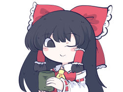 Rule 34 | 1girl, ascot, bare shoulders, black eyes, black hair, blush stickers, bow, chahan (fried rice0614), closed mouth, cup, detached sleeves, hair between eyes, hair bow, hair tubes, hakurei reimu, holding, holding cup, japanese clothes, long hair, nontraditional miko, one-hour drawing challenge, one eye closed, red bow, ribbon-trimmed sleeves, ribbon trim, sidelocks, simple background, smile, solo, touhou, upper body, white background, wide sleeves, yellow ascot