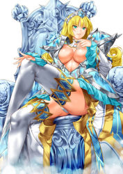 Rule 34 | 1girl, aqua eyes, armor, bikini armor, blonde hair, breasts, cinderella (queen&#039;s blade grimoire), flipped hair, frilled sleeves, frills, large breasts, long hair, looking at viewer, official art, parted lips, pauldrons, queen&#039;s blade, queen&#039;s blade grimoire, saburou (hgmg), shoulder armor, simple background, sitting, smile, solo, thighhighs, throne, tiara, wariza, white background, white thighhighs, wide sleeves