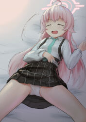 Rule 34 | 1girl, black skirt, blue archive, blue necktie, closed eyes, collared shirt, halo, highres, hoshino (blue archive), kubure, legs apart, long hair, long sleeves, lying, necktie, on back, on bed, open mouth, panties, pillow, pink hair, pink halo, plaid, plaid skirt, puffy long sleeves, puffy sleeves, shirt, shoulder strap, skirt, sleeping, solo, underwear, white panties