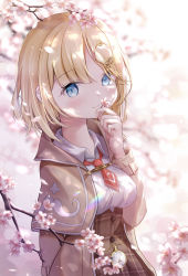 Rule 34 | 1girl, absurdres, blonde hair, blue eyes, breasts, brown cape, brown skirt, cape, cherry blossoms, collared shirt, high-waist skirt, highres, hire (uret4788), hololive, hololive english, medium breasts, necktie, plaid, plaid skirt, red necktie, shirt, short hair, skirt, smile, solo, spring (season), virtual youtuber, watson amelia, white shirt