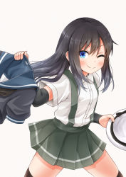 Rule 34 | 1girl, arm warmers, asashio (kancolle), black hair, blue eyes, comiching, cowboy shot, highres, holding, holding clothes, kantai collection, long hair, one eye closed, pleated skirt, school uniform, skirt, smile, solo, suspenders, thighhighs