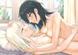 Rule 34 | 2girls, bed sheet, black hair, blue eyes, blush, breast press, breasts, byleth (female) (fire emblem), byleth (fire emblem), cleavage, collarbone, curtains, day, edelgard von hresvelg, eye contact, fire emblem, fire emblem: three houses, fukuroumori, girl on top, hand on another&#039;s head, highres, indoors, long hair, looking at another, lying, medium breasts, multiple girls, nintendo, nude, on back, on bed, on stomach, parted bangs, parted lips, pillow, purple eyes, silver hair, smile, symmetrical docking, upper body, window, yuri