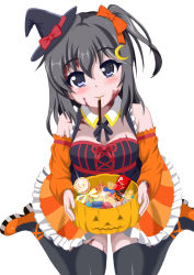 Rule 34 | 1girl, alternate costume, bare shoulders, black eyes, black hair, black thighhighs, blush, boots, burn scar, candy, crescent, crescent hair ornament, detached collar, detached sleeves, dorei to no seikatsu ~teaching feeling~, food, frilled skirt, frills, full body, hair ornament, hair ribbon, halloween, hat, head tilt, jack-o&#039;-lantern, lollipop, long hair, looking at viewer, mini hat, mini witch hat, mouth hold, orange skirt, pocky, pumpkin, ribbon, scar, side ponytail, simple background, sitting, skirt, smile, solo, striped clothes, striped skirt, swirl lollipop, sylvie (dorei to no seikatsu), takahiko, thighhighs, vertical-striped clothes, vertical-striped skirt, wariza, white background, witch hat