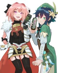 Rule 34 | 2boys, androgynous, argyle, argyle clothes, argyle legwear, astolfo (fate), beret, black hair, black legwear, black skirt, blue hair, blush, bow, braid, can, cape, cloak, closed mouth, collared cape, commentary, corset, english commentary, fang, fate/apocrypha, fate/grand order, fate (series), feathers, flower, frilled sleeves, frills, fur-trimmed cloak, fur trim, garter straps, gauntlets, genshin impact, gorget, gradient hair, green eyes, green headwear, green shorts, hair bow, hair flower, hair intakes, hair ornament, hair ribbon, hat, highres, holding, holding can, leaf, long braid, long hair, long sleeves, looking at viewer, male focus, meme, monster energy, multicolored hair, multiple boys, open mouth, pantyhose, pencil skirt, pink hair, purple eyes, raneblu, ribbon, shirt, short hair with long locks, shorts, simple background, single braid, skin fang, skirt, smile, streaked hair, thighhighs, trap, twin braids, venti (genshin impact), vision (genshin impact), white background, white flower, white hair, white pantyhose, white shirt