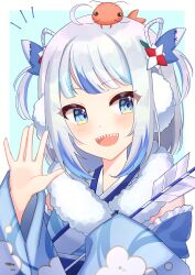 Rule 34 | 1girl, absurdres, animal, animal on head, blue eyes, blue hair, blue kimono, blue sleeves, blush, detached sleeves, ebi-chan (gawr gura), fur-trimmed kimono, fur trim, gawr gura, gawr gura (new year), grey hair, highres, hololive, hololive english, japanese clothes, kimono, looking at viewer, medium hair, multicolored hair, official alternate costume, on head, sharp teeth, smile, solo, streaked hair, teeth, tsumurimai, two side up, upper teeth only, virtual youtuber