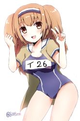 Rule 34 | 1girl, bare legs, blush, breasts, brown eyes, brown jacket, cleavage, collarbone, cowboy shot, hair between eyes, hairband, i-26 (kancolle), jacket, kantai collection, large breasts, light brown hair, long hair, looking at viewer, mazeru (jisjifin), name tag, new school swimsuit, one-piece swimsuit, open mouth, sailor collar, school swimsuit, short sleeves, smile, solo, standing, swimsuit, swimsuit under clothes, tongue, twitter username, two-tone hairband, two side up, v, white sailor collar
