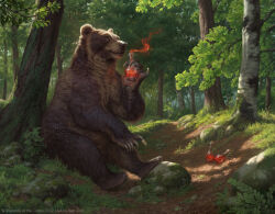 Rule 34 | animal, animal focus, artist name, bear, bottle, caraidart, commentary, day, dungeons &amp; dragons, english commentary, forest, grass, holding, holding bottle, magic: the gathering, nature, no humans, outdoors, plant, potion, rock, tree, watermark