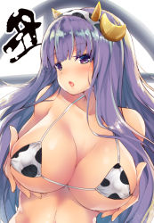 Rule 34 | 1girl, animal print, bikini, breast hold, breasts, chinese zodiac, cleavage, covered erect nipples, cow horns, cow print, crescent, crescent hair ornament, crescent pin, hair ornament, hairband, horns, large breasts, long hair, looking at viewer, masa (miyabitei), micro bikini, open mouth, patchouli knowledge, purple eyes, purple hair, solo, swimsuit, touhou, upper body, year of the ox