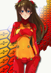 Rule 34 | 00s, 1girl, blue eyes, blush, bodysuit, breast hold, breasts, brown hair, covering privates, covering breasts, embarrassed, fusion-s, long hair, multicolored clothes, neon genesis evangelion, plugsuit, rebuild of evangelion, solo, souryuu asuka langley, test plugsuit