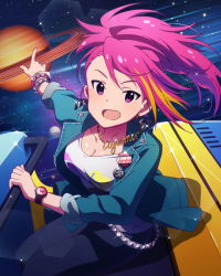 Rule 34 | &gt;:d, 10s, 1girl, :d, artist request, badge, bracelet, button badge, earrings, idolmaster, idolmaster million live!, jewelry, looking at viewer, maihama ayumu, multicolored hair, necklace, official art, open mouth, pink eyes, pink hair, planet, saturn (planet), smile, solo, streaked hair, v-shaped eyebrows