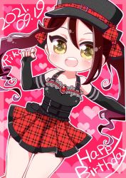Rule 34 | 1girl, alternate hairstyle, amagiri dia, artist name, artist request, bare legs, bare shoulders, black bow, black choker, black dress, black gloves, black hat, blush, bow, breasts, brown eyes, checkered bow, checkered clothes, checkered skirt, choker, cleavage, clenched hand, collarbone, crystal earrings, diamond (gemstone), dress, earrings, elbow gloves, female focus, fingerless gloves, floating hair, frilled dress, frills, gloves, guilty kiss (love live!), hair between eyes, hair bow, hat, heart, heart (symbol), highres, jewelry, layered skirt, long hair, looking at viewer, love live!, love live! school idol festival, love live! sunshine!!, miniskirt, orange eyes, parted lips, peaked cap, plaid, plaid skirt, pleated, pleated skirt, red background, red bow, red hair, red skirt, sakurauchi riko, shooting star warrior, shooting star warrior (love live!), skirt, small breasts, smile, solo, twintails, yellow eyes