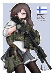 1girl absurdres armedshipyard assault_rifle belt black_gloves black_hair black_pantyhose brown_belt collared_shirt finnish_flag gloves green_gloves grey_skirt gun hair_ornament hairclip half-skirt headset highres holding holding_gun holding_weapon load_bearing_vest low_ponytail magazine_(weapon) miniskirt original pantyhose pleated_skirt purple_eyes rifle rk62 shirt skirt tactical_clothes thighband_pantyhose two-tone_gloves weapon white_shirt