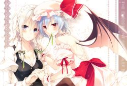 Rule 34 | 2girls, bare back, bat wings, blue eyes, blush, braid, breasts, choker, cleavage, female focus, hair ribbon, holding hands, hand on another&#039;s shoulder, hat, interlocked fingers, izayoi sakuya, light purple hair, looking at viewer, maid headdress, mob cap, mouth hold, multiple girls, red eyes, remilia scarlet, ribbon, short hair, silver hair, skirt, smile, toosaka asagi, touhou, twin braids, wings, wrist cuffs