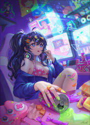 Rule 34 | 1girl, absurdres, bandaid, bandaid on knee, bandaid on leg, black hair, blue jacket, bra, breasts, burger hair ornament, can, candy, chair, character doll, chromatic aberration, commentary request, controller, fingernails, food, food-themed hair ornament, game controller, gaming chair, green nails, hair between eyes, hair ornament, hairclip, hatsune miku, headphones, headphones around neck, heart, heart-shaped pupils, heartki, highres, holding, holding can, indoors, jacket, jewelry, knee up, long hair, long sleeves, medium breasts, monitor, multiple monitors, multiple rings, nail art, nail polish, nintendo switch, off shoulder, original, pac-man (game), parted lips, partially unzipped, pink bra, pizza hair ornament, ponytail, print bra, ring, signature, sitting, solo, spill, star-shaped pupils, star (symbol), star hair ornament, star print, swivel chair, symbol-shaped pupils, underwear, vocaloid
