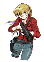 Rule 34 | 1girl, 203wolves, aiming, aiming at viewer, blonde hair, breasts, brown eyes, claire redfield, closed mouth, cosplay, denim, gun, hair between eyes, highres, long hair, looking at viewer, ponytail, resident evil, resident evil 2, resident evil 2 (remake), simple background, solo, tenjouin asuka, weapon, white background, yu-gi-oh!, yu-gi-oh! gx