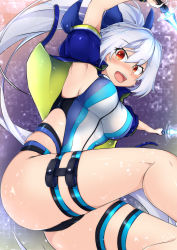 Rule 34 | 1girl, :d, absurdres, armpits, ass, blue bow, blue jacket, blue one-piece swimsuit, blush, bow, breasts, commentary request, competition swimsuit, cropped jacket, dual wielding, energy sword, fate/grand order, fate (series), from below, hair between eyes, hair bow, highleg, highleg swimsuit, highres, holding, holding sword, holding weapon, houjou ren (ren hj), jacket, large breasts, long hair, looking at viewer, multicolored clothes, multicolored swimsuit, one-piece swimsuit, open mouth, ponytail, red eyes, short sleeves, silver hair, smile, solo, swimsuit, sword, thigh strap, tomoe gozen (fate), tomoe gozen (swimsuit saber) (fate), tomoe gozen (swimsuit saber) (first ascension) (fate), very long hair, weapon, white one-piece swimsuit