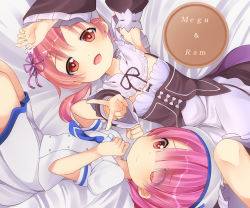 Rule 34 | 10s, 2girls, :d, alternate costume, arm up, armpits, blue necktie, blush, brown eyes, brown hair, character name, clenched hand, closed mouth, cosplay, costume switch, crossover, detached collar, detached sleeves, enmaided, eyes visible through hair, from above, gochuumon wa usagi desu ka?, hair ornament, hair over one eye, hat, highres, long sleeves, looking at viewer, lying, maid, maid headdress, multiple girls, murakawa rie, natsu megumi, natsu megumi (cosplay), necktie, on back, on side, open mouth, outstretched arm, pink eyes, pink hair, puffy short sleeves, puffy sleeves, ram (re:zero), ram (re:zero) (cosplay), re:zero kara hajimeru isekai seikatsu, ribbon-trimmed collar, ribbon-trimmed sleeves, ribbon trim, sakura choko, school uniform, shirt, short hair, short necktie, short sleeves, skirt, smile, v, voice actor connection, white hat, white shirt, white skirt, x hair ornament