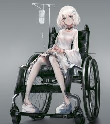 Rule 34 | 1girl, absurdres, dress, flower, full body, gradient background, grey background, grey eyes, hair flower, hair ornament, highres, intravenous drip, knees together feet apart, long sleeves, original, pantyhose, pigeon-toed, rose, shoes, sitting, solo, steepled fingers, swav, wheelchair, white dress, white flower, white footwear, white hair, white pantyhose, white rose, wide sleeves