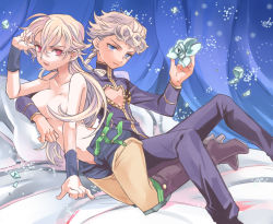 Rule 34 | 1boy, 1girl, bad id, bad pixiv id, bed, blonde hair, blue eyes, boots, braid, brown footwear, convenient censoring, curtains, dio brando, earrings, father and son, flower, genderswap, genderswap (mtf), giorno giovanna, green flower, green rose, hair tie, high heel boots, high heels, jewelry, jojo no kimyou na bouken, long hair, lying, mother and son, on side, pillow, red eyes, rock, rose, single braid, topless, tori (10ri), vento aureo, wristband