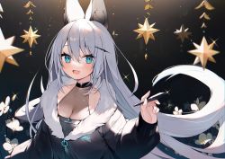 Rule 34 | 1girl, animal ears, aqua eyes, black background, blush, breasts, cat ears, cat girl, cleavage, flower, fur collar, hair between eyes, hair ornament, hairclip, holding, holding stylus, jacket, long hair, long sleeves, looking at viewer, medium breasts, muryotaro, open mouth, original, silver hair, smile, solo, sparkle, star ornament, stylus, upper body, very long hair