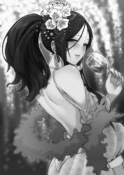 Rule 34 | 1girl, alcohol, backless dress, backless outfit, blush, commentary request, cup, dress, drinking glass, earrings, flower, greyscale, hair flower, hair ornament, highres, hiiragi shino, holding, holding cup, idolmaster, idolmaster cinderella girls, jewelry, looking at viewer, looking back, monochrome, ponytail, solo, upper body, whoosaku, wine, wine glass