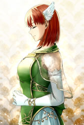Rule 34 | 1girl, breasts, cowboy shot, delsaber, dress, elbow gloves, closed eyes, feather hair ornament, feathers, fire emblem, fire emblem: the blazing blade, gloves, green dress, hair ornament, large breasts, lips, nintendo, own hands together, patterned background, priscilla (fire emblem), profile, red hair, short hair, sleeveless, sleeveless dress, solo, straight hair, white gloves, wing hair ornament