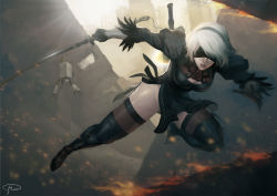 Rule 34 | 1girl, 1other, action, black blindfold, black dress, black gloves, black hairband, blindfold, boots, breasts, cleavage, cleavage cutout, clothing cutout, covered eyes, dress, drone, feather-trimmed sleeves, full body, gloves, hairband, hifarry, highres, holding, holding sword, holding weapon, juliet sleeves, katana, large breasts, leotard, leotard under clothes, lips, long sleeves, mole, mole under mouth, nier (series), nier:automata, nose, pod (nier:automata), puffy sleeves, running, see-through, see-through legwear, short hair, silver hair, solo focus, sword, thigh boots, thighhighs, thighhighs under boots, vambraces, virtuous contract, weapon, white leotard, 2b (nier:automata)