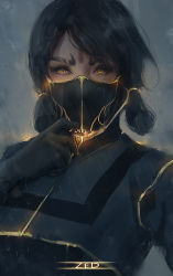 Rule 34 | 1girl, artist name, black gloves, black hair, black mask, bodysuit, closed mouth, facepaint, gloves, glowing, grey background, highres, looking at viewer, medium hair, original, outdoors, rain, solo, twintails, yellow eyes, zed (trungbui42)