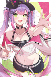 Rule 34 | 1girl, :d, absurdres, armpits, belt, black choker, black hat, black shorts, breasts, character name, choker, cleavage, ear piercing, eat some cookie, fang, fingernails, green eyes, hair ornament, hat, heart, heart tattoo, highres, hololive, jacket, long hair, looking at viewer, medium breasts, multicolored hair, multicolored nails, nail polish, navel piercing, o-ring, o-ring choker, open mouth, piercing, pink hair, pink nails, purple hair, shorts, skin fang, smile, tattoo, tokoyami towa, tokoyami towa (1st costume), two-tone hair, very long hair, virtual youtuber, w, white belt, white jacket, yellow nails