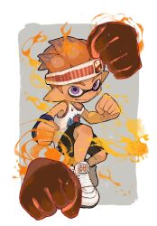 Rule 34 | 1boy, basketball jersey, black shorts, border, clenched hand, closed mouth, commentary request, full body, grey background, headband, highres, inkling, inkling boy, inkling player character, looking at viewer, male focus, nintendo, orange hair, outside border, pointy ears, print shirt, purple eyes, sanyu uuu, shirt, shoes, short hair, shorts, simple background, smile, solo, splatoon (series), splatoon 3, tentacle hair, triple splashdown (splatoon), white border, white footwear, white headband, white shirt