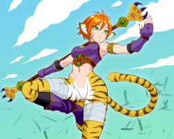 Rule 34 | 1girl, armlet, bottomless, breath of fire, breath of fire ii, cloud, facial mark, female focus, fighting stance, fingerless gloves, fur, gloves, green eyes, highres, holding, holding staff, monster girl, navel, orange hair, outdoors, qgratin, rinpoo chuan, short hair, solo, staff, standing, standing on one leg, tail, tiger tail, toeless legwear