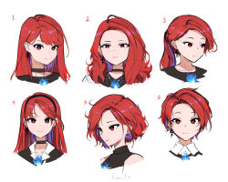 1girl ahoge alternate_hairstyle black_choker blue_fire blue_hair choker cropped_shoulders earrings elizabeth_rose_bloodflame fian_f.n fire hololive hololive_english jewelry light_smile long_hair looking_at_viewer looking_down multicolored_hair multiple_views ponytail red_eyes red_hair short_hair single_earring two-tone_hair virtual_youtuber white_background