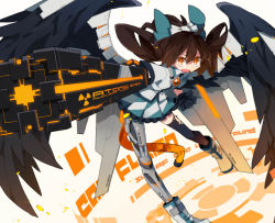 Rule 34 | 1girl, alternate weapon, arm cannon, bad id, bad pixiv id, bent over, bird wings, black thighhighs, black wings, bow, brown eyes, brown hair, hair bow, mecha musume, mechanical legs, mechanical wings, open mouth, radiation symbol, reiuji utsuho, sam 58, shirt, single mechanical leg, single thighhigh, skirt, solo, thighhighs, third eye, torn clothes, torn thighhighs, touhou, weapon, wings, zettai ryouiki
