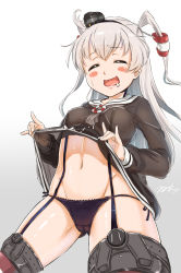 Rule 34 | 10s, 1girl, amatsukaze (kancolle), aoi tiduru, black panties, blush, breasts, cameltoe, chizurusou (tiduru 39), clothes lift, dress, dress lift, closed eyes, garter straps, highres, kantai collection, lace, lace-trimmed panties, lace trim, long hair, navel, open mouth, panties, sailor dress, shirt lift, side-tie panties, silver hair, small breasts, smile, solo, twintails, two side up, underwear