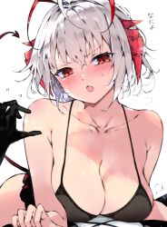 Rule 34 | 1girl, ahoge, antennae, arknights, black bra, black gloves, blush, bra, breasts, cleavage, collarbone, demon horns, demon tail, flying sweatdrops, gloves, grey hair, highres, horns, kyuu (plastic night q), large breasts, looking at viewer, lying on person, open mouth, red eyes, short hair, solo focus, tail, underwear, v-shaped eyebrows, w (arknights)