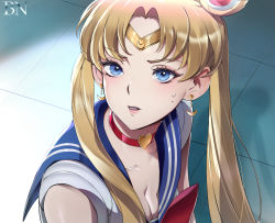 Rule 34 | 1girl, artist name, bbuni, bishoujo senshi sailor moon, blonde hair, blue eyes, blue sailor collar, bow, breasts, choker, circlet, cleavage, collarbone, commentary request, crescent, crescent earrings, derivative work, earrings, hair over shoulder, heart, heart choker, highres, jewelry, long hair, looking at viewer, meme, parted lips, red choker, sailor collar, sailor moon, sailor moon redraw challenge (meme), sailor senshi uniform, solo, sweatdrop, teeth, tile floor, tiles, tsukino usagi, twintails, upper body, upper teeth only