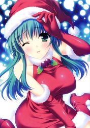Rule 34 | 1girl, ;d, absurdres, breasts, elbow gloves, gloves, green eyes, green hair, hat, highres, large breasts, one eye closed, open mouth, r g b, santa costume, santa hat, shiki midori, sitting, smile, snowing, suzuhira hiro, wariza, wink
