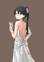 Rule 34 | 1girl, black eyes, black hair, bridal gauntlets, brown background, chagamaka, dress, earrings, from behind, highres, houshou (kancolle), jewelry, kantai collection, looking back, ponytail, ring, smile, solo, strapless, strapless dress, unzipped, wedding band, wedding dress, white dress