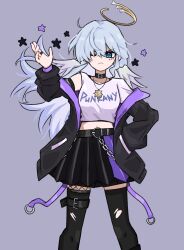 Rule 34 | 1girl, ;(, alternate costume, aqua eyes, belt, black belt, black choker, black jacket, black skirt, black thighhighs, chain, choker, clothes writing, crop top, feet out of frame, grey background, grey hair, hand up, head wings, highres, honkai: star rail, honkai (series), jacket, jewelry, long sleeves, looking at viewer, midriff, miniskirt, open clothes, open jacket, pendant, pianobat, pleated skirt, robin (honkai: star rail), shirt, simple background, skirt, solo, standing, thigh belt, thigh strap, thighhighs, white shirt, wings