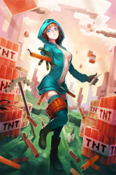 Rule 34 | 1girl, blue eyes, bomb, boots, breasts, cleavage, cloud, controller, creeparka, creeper, detonator, dynamite, explosive, expressionless, gloves, grass, highres, hood, hoodie, lascalis, looking at viewer, looking up, minecraft, no bra, open clothes, open shirt, personification, pickaxe, ravine, red hair, remote control, shirt, short hair, shovel, solo, suicide, suicide bomb, sunset, thighhighs, throwing, tnt, tnt block (minecraft), unzipped, worktool, zettai ryouiki, zipper